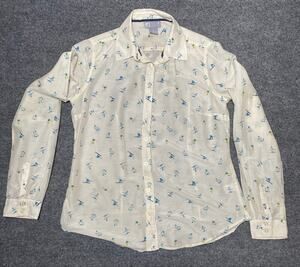 Vtg 90s JCP Shirt Womens M White Silk Button Down Skier Print Winter Après Ski